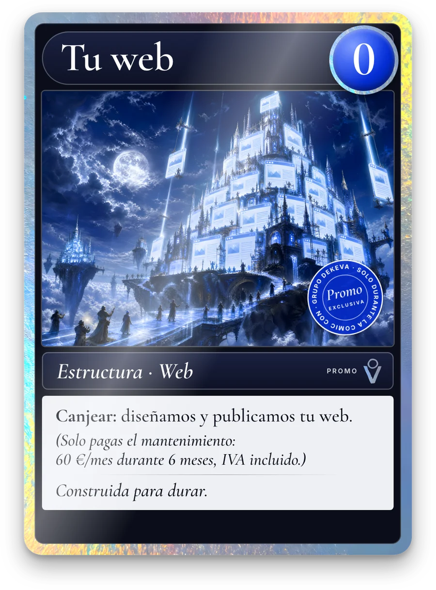 Carta promo «Tu web», coste 0. Canjear: diseñamos y publicamos tu web. Solo pagas el mantenimiento: 60 € al mes durante 6 meses, IVA incluido.
