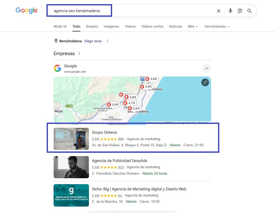 Resultados de búsqueda en Google mostrando a Grupo DeKeVa en los primeros puestos para agencia SEO en Benalmádena